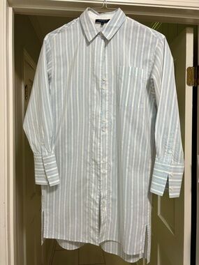 Lafayette 148 New York Light Blue & White Striped Longline Shirt